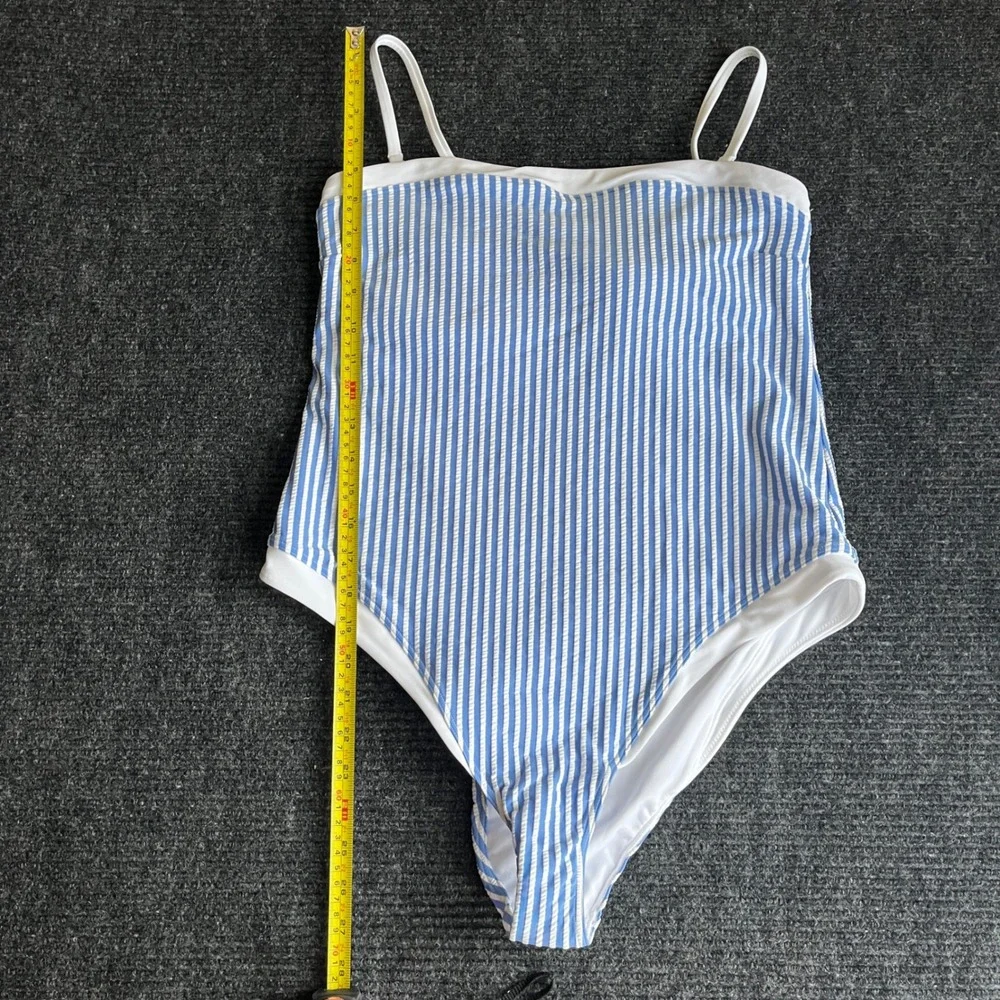 Abercrombie & Fitch 1 Piece Swimsuit Womens L Blue White Seersucker Striped NWOT